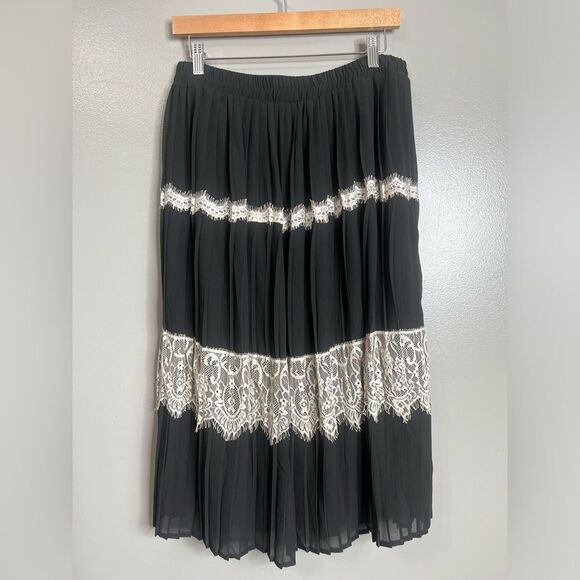 Adiva skirt black cream pleated floral lace feminine office twee artsy large - Picture 6 of 7